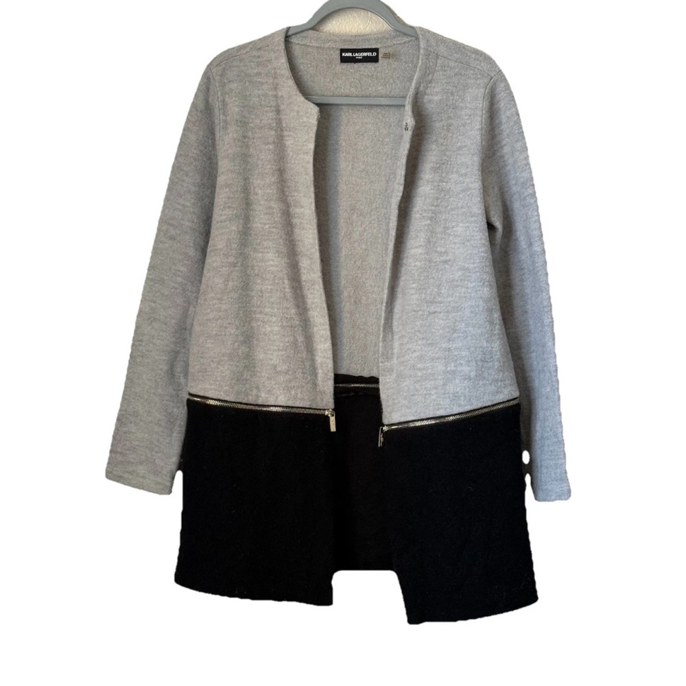 Karl Lagerfeld Paris Women’s Wool Blend Coatigan, Gray & Black, Size:M